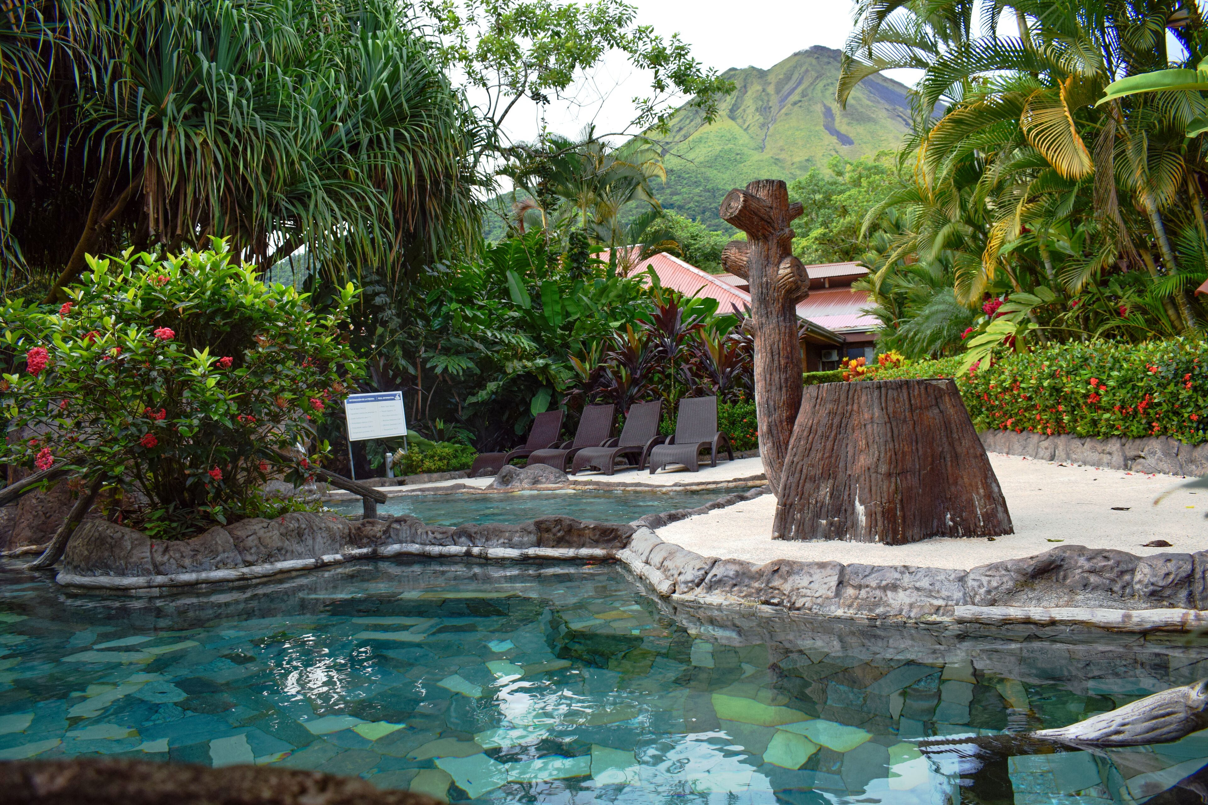 Ein tropisches Resort mit klarem Pool, Liegestühlen und üppiger Vegetation.