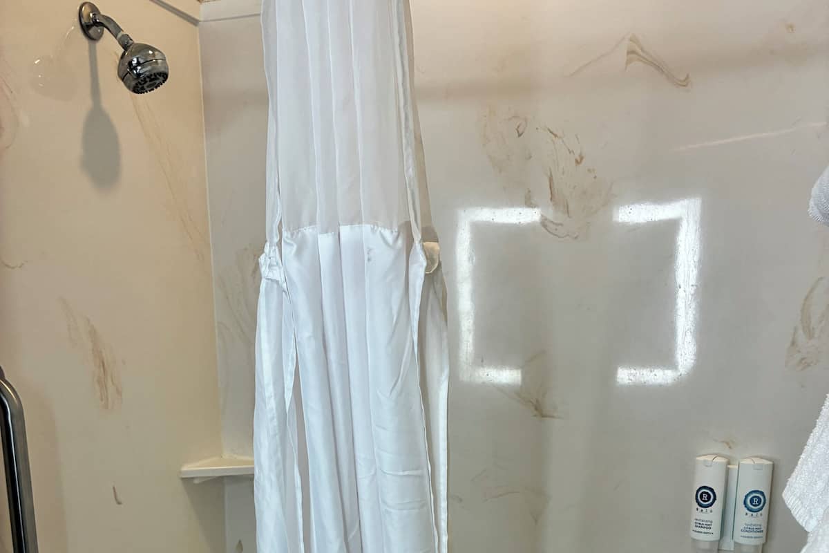 A bathroom with a shower curtain, a bathtub, and two bottles of shampoo on the wall.