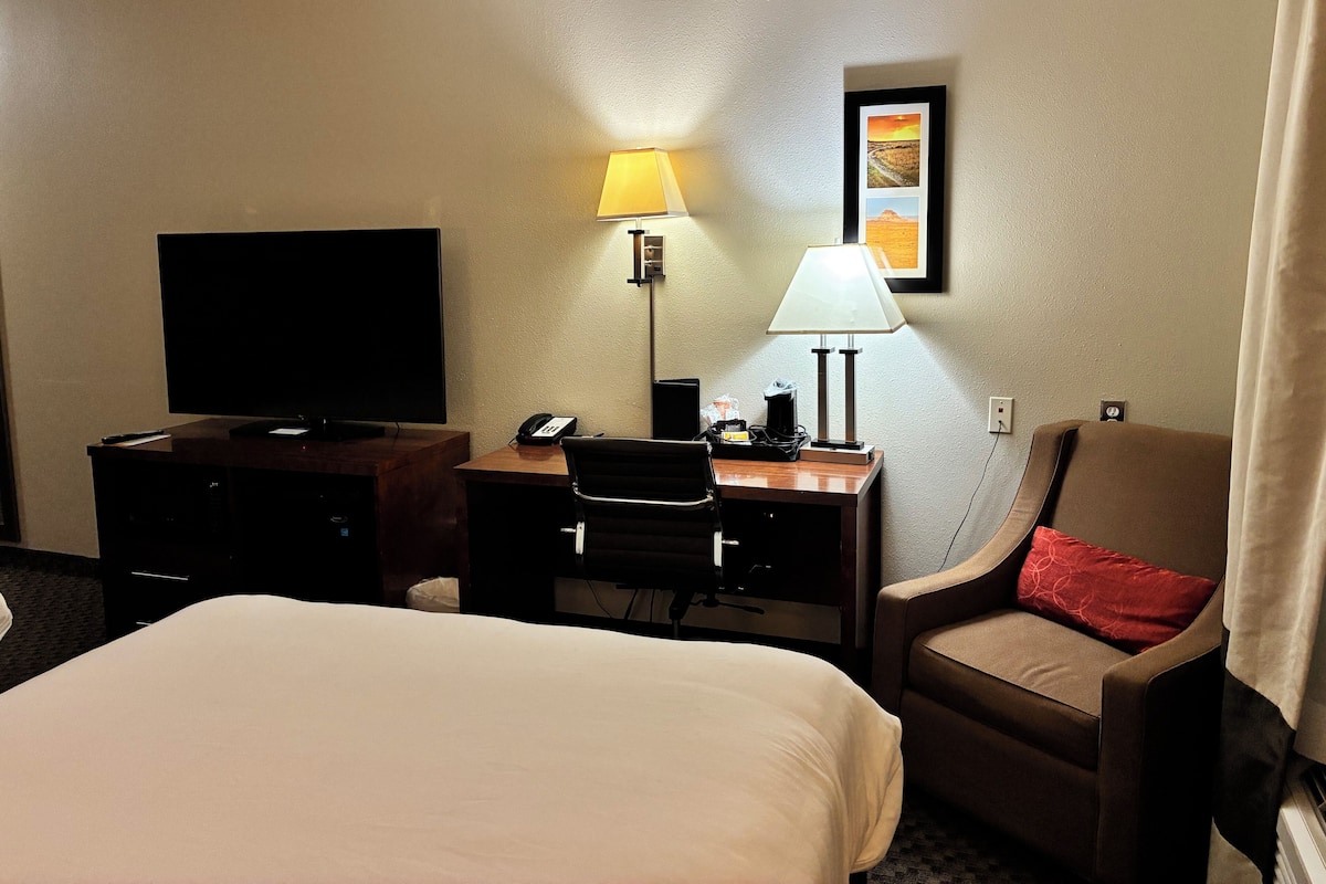 A hotel room with a bed, a desk with a lamp, a chair, a television, and a framed picture on the wall.