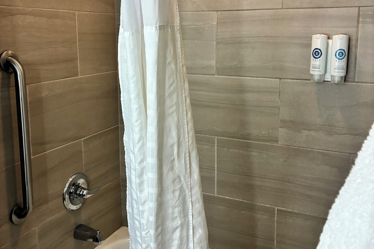 A bathroom with a shower, a bathtub, and a handrail. There are two bottles on the wall.