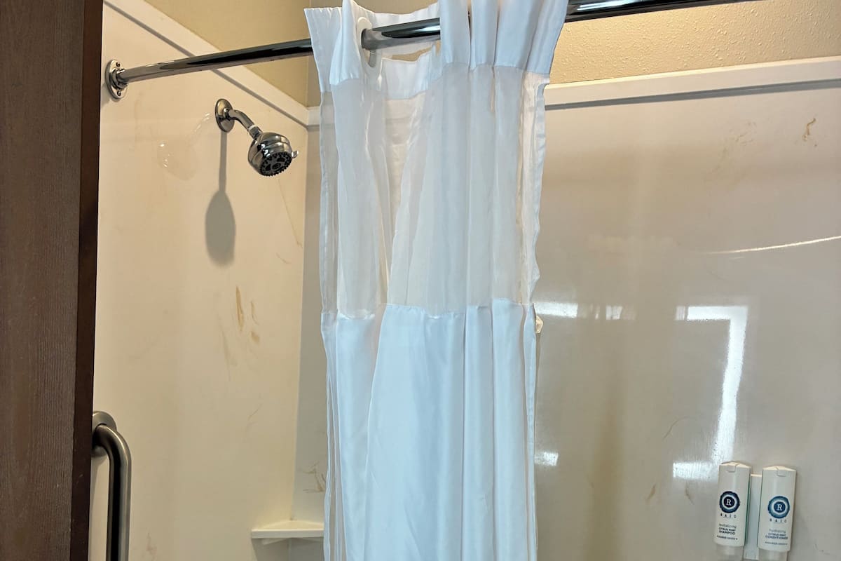 A shower area with a white curtain, a handheld showerhead, and a control panel with two buttons.