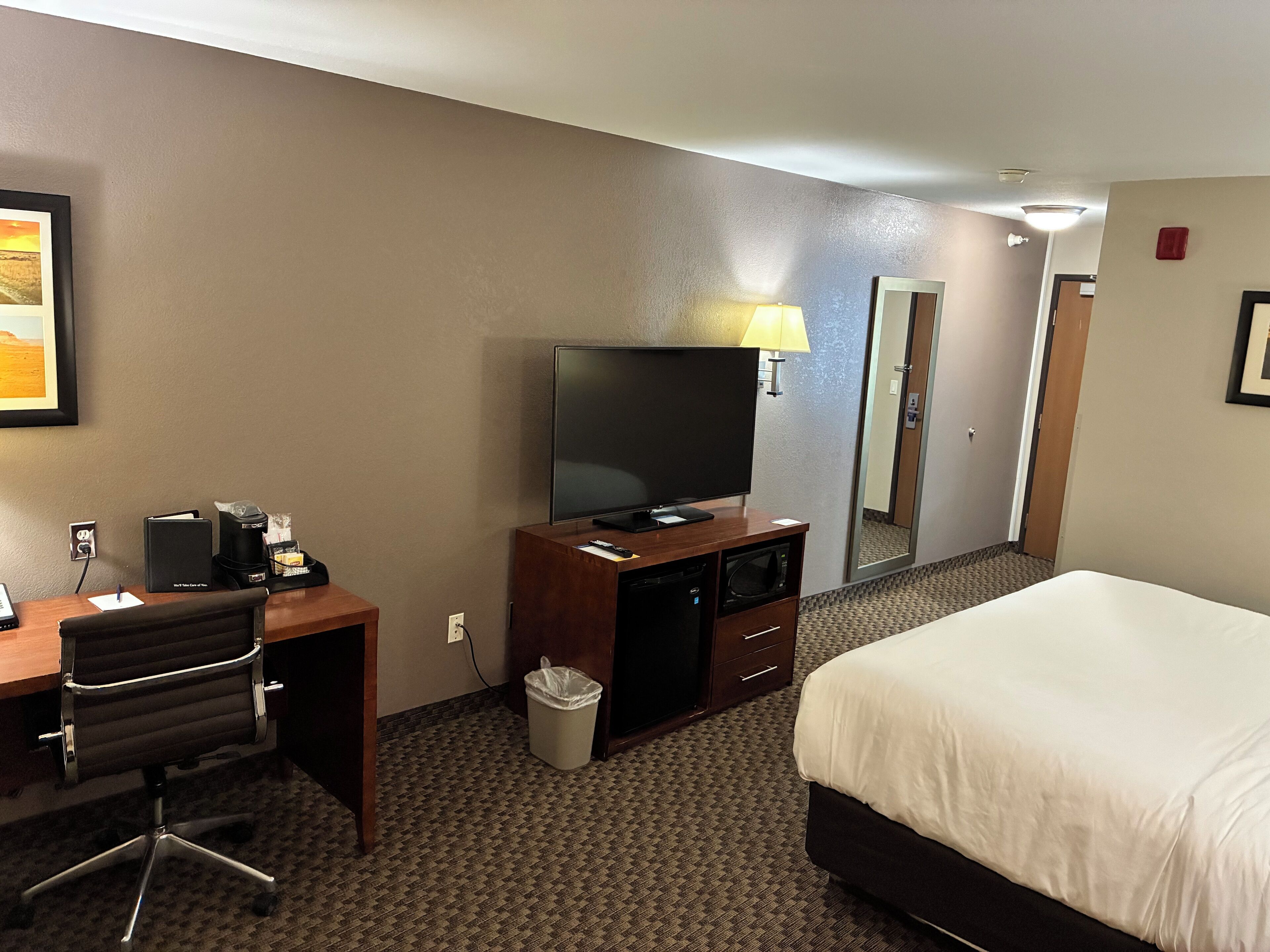 A hotel room with a bed, desk, chair, television, and a trash can.