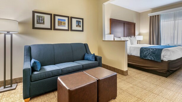 A hotel room with a sofa, a bed, a coffee table, and framed pictures on the wall. - Comfort Suites Batesville (Batesville)