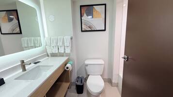 A bathroom with a sink, mirror, toilet, and towel rack.