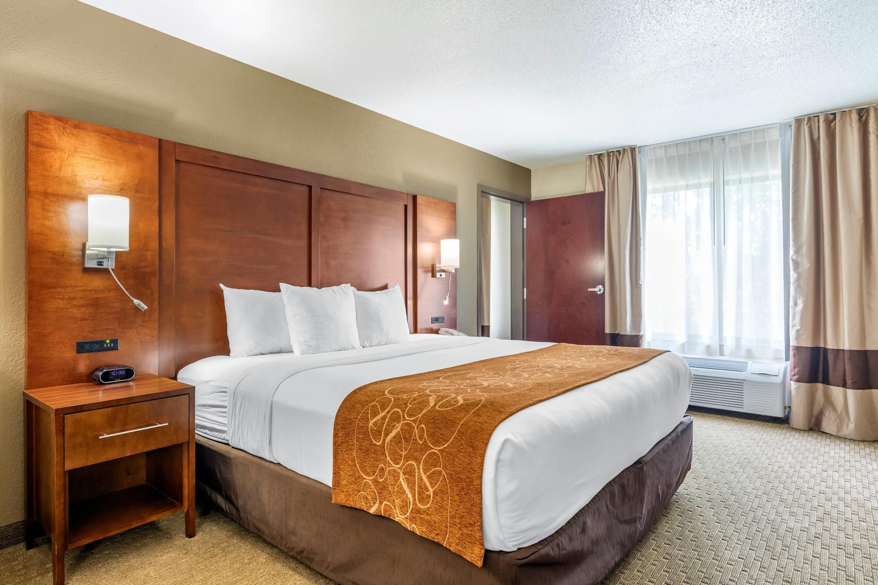 A hotel room with a large bed, wooden headboard, bedside tables, and a view of the outdoors.