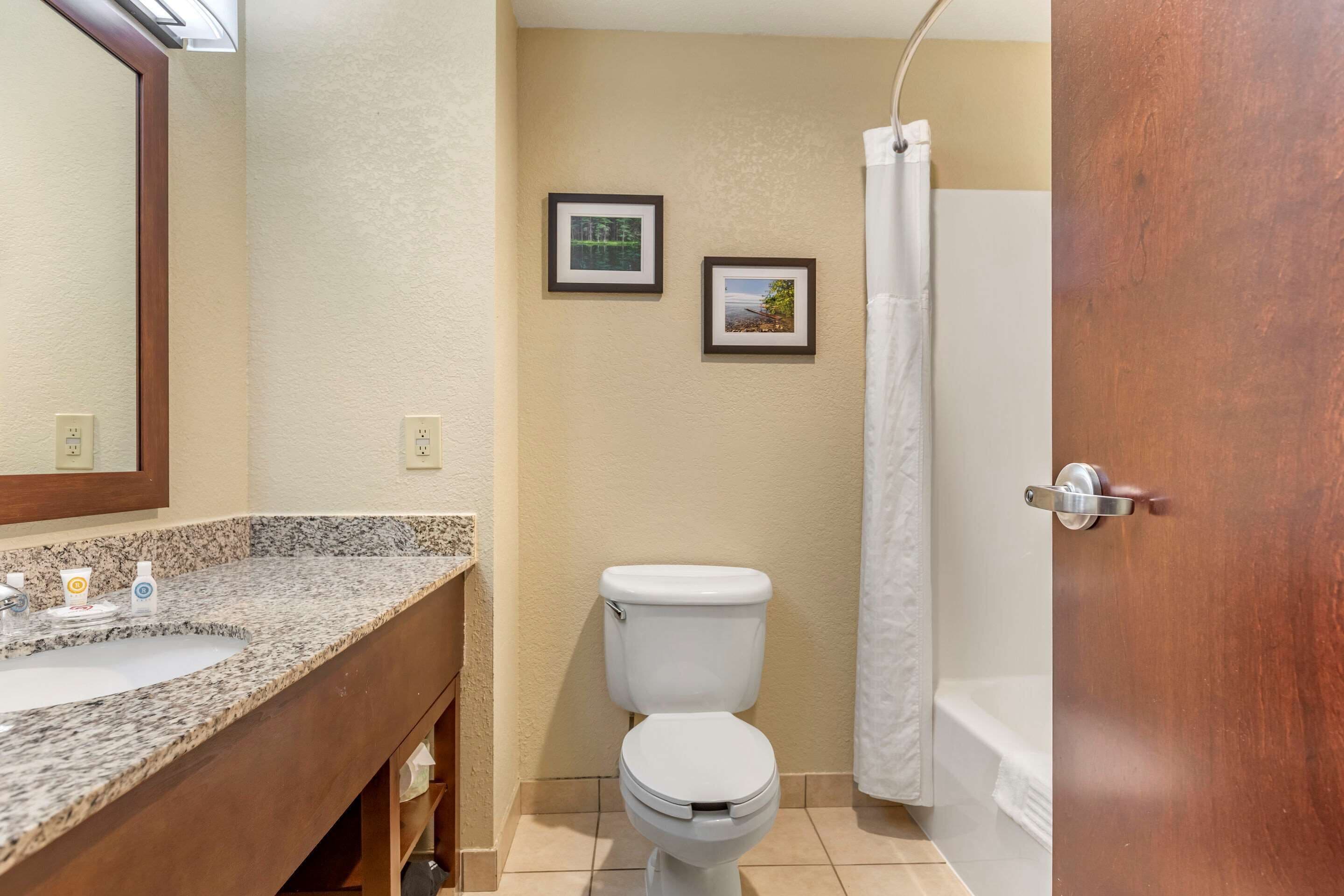 combined shower/bathtub, free toiletries, hair dryer, towels