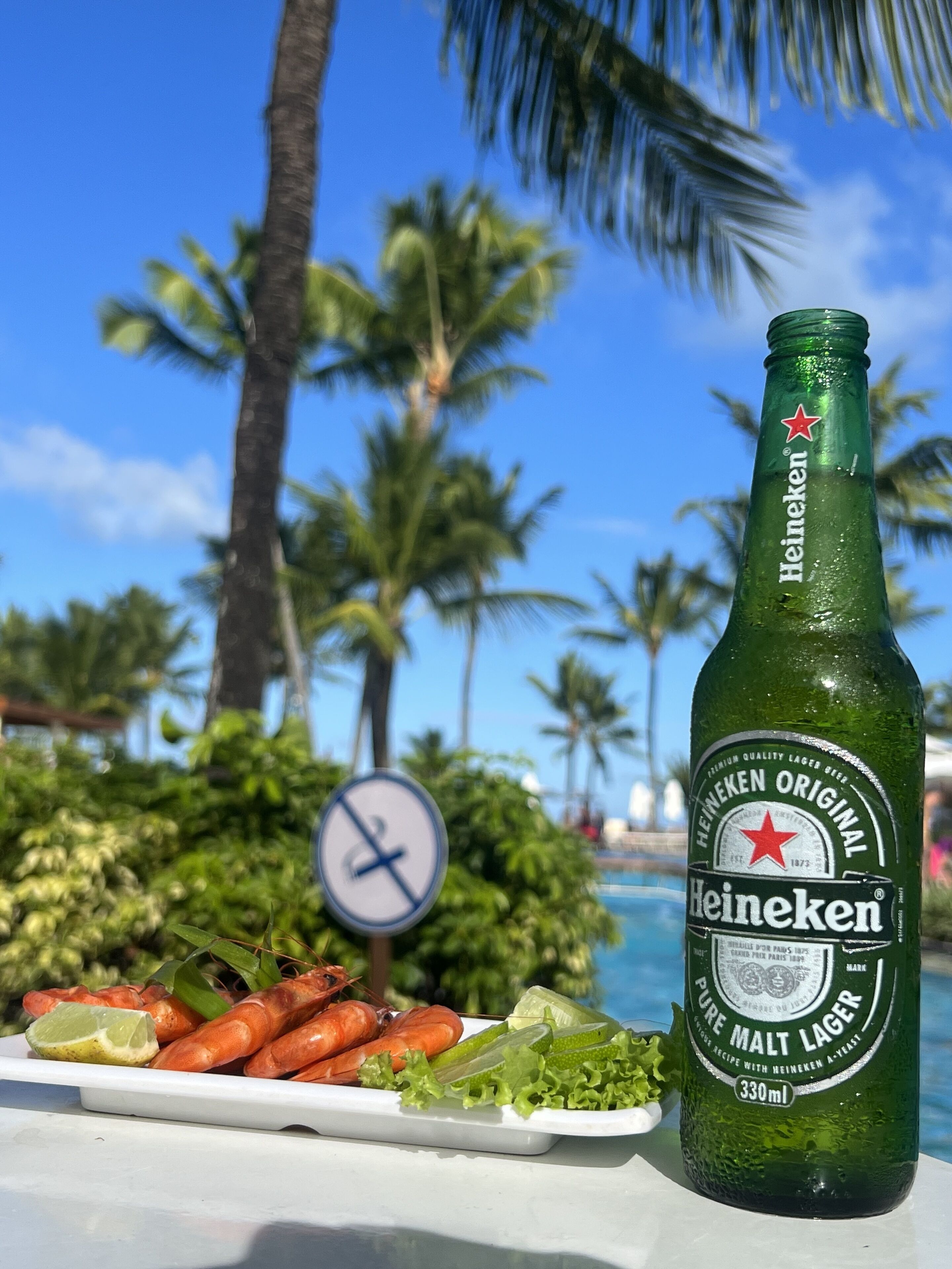 Uma garrafa de Heineken sobre uma mesa, com um prato de camarões e vegetais. Ao fundo, palmeiras e um aviso de proibição de banho.