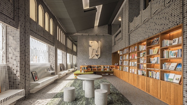 Ein modernes Bibliotheken-Interieur mit Bücherregalen, Sitzbereichen und einem zentralen Tisch.
