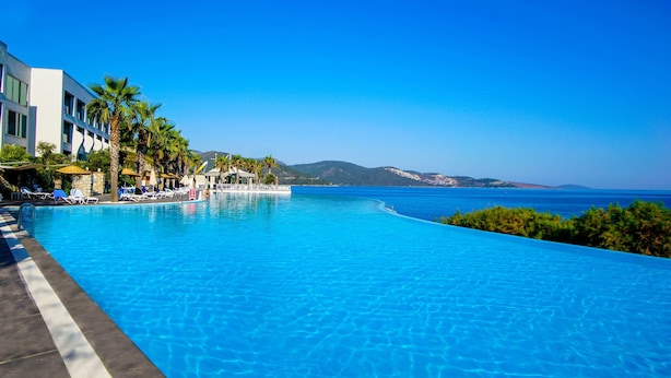 A resort pool with clear blue water, palm trees, and a view of the sea and distant hills. - Blue Dreams Resort-Ultra All Inclusive (Bodrum)