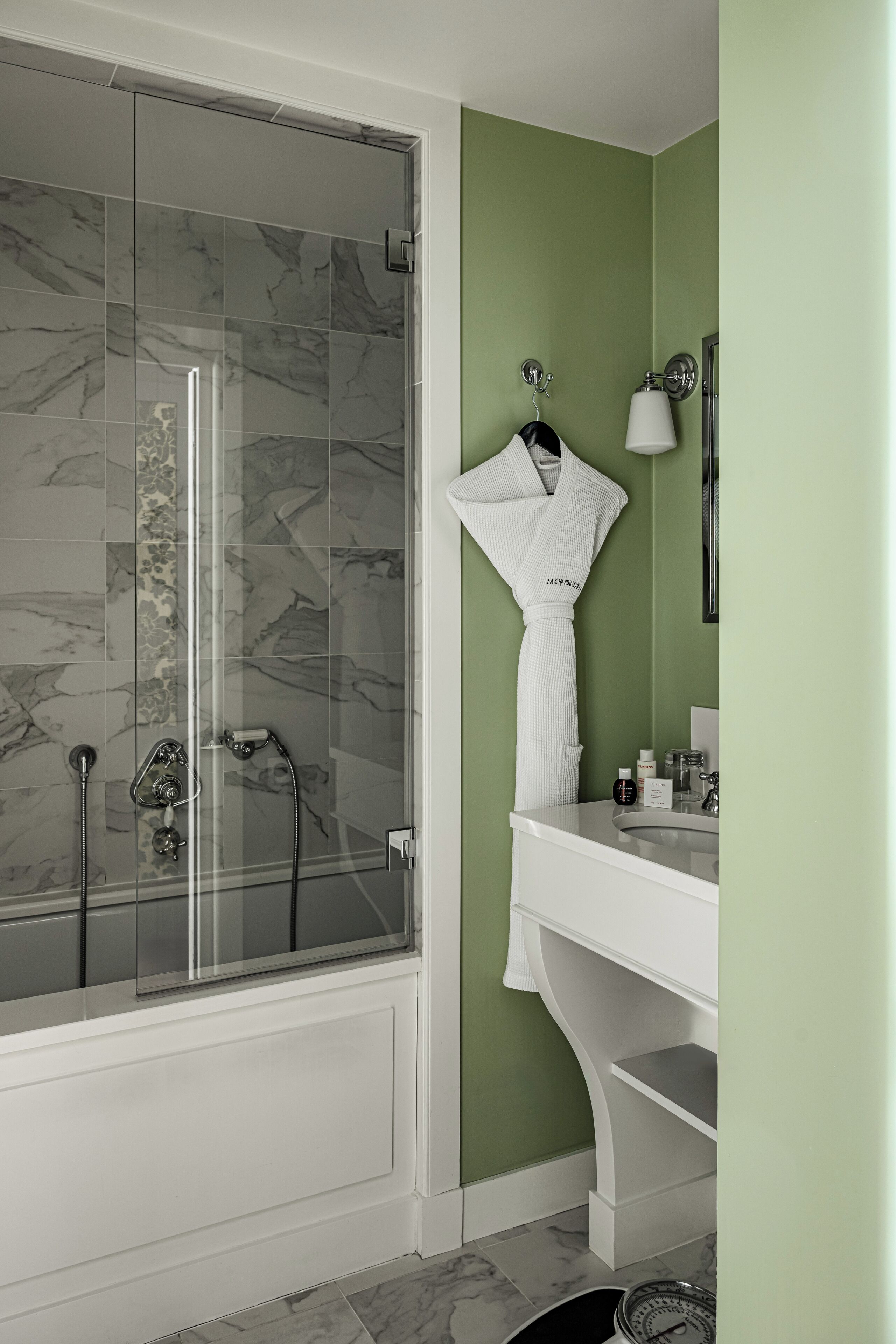 designer toiletries, hair dryer, bathrobes, towels