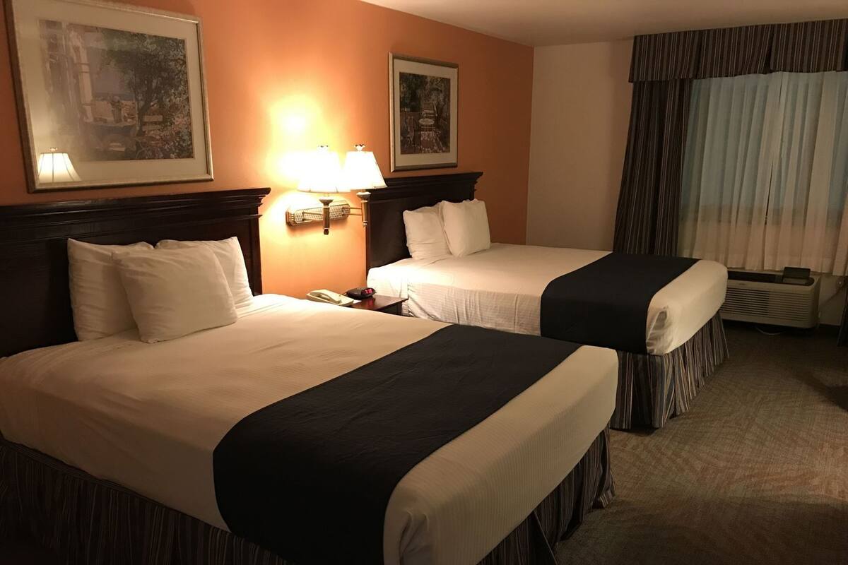 Een hotelkamer met twee bedden, een nachtkastje met een lamp, een telefoon aan de muur en een raam met gordijnen.