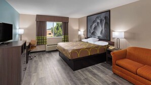 Een hotelkamer met een bed, televisie, bureau, stoel, bank en een groot raam met gordijnen.