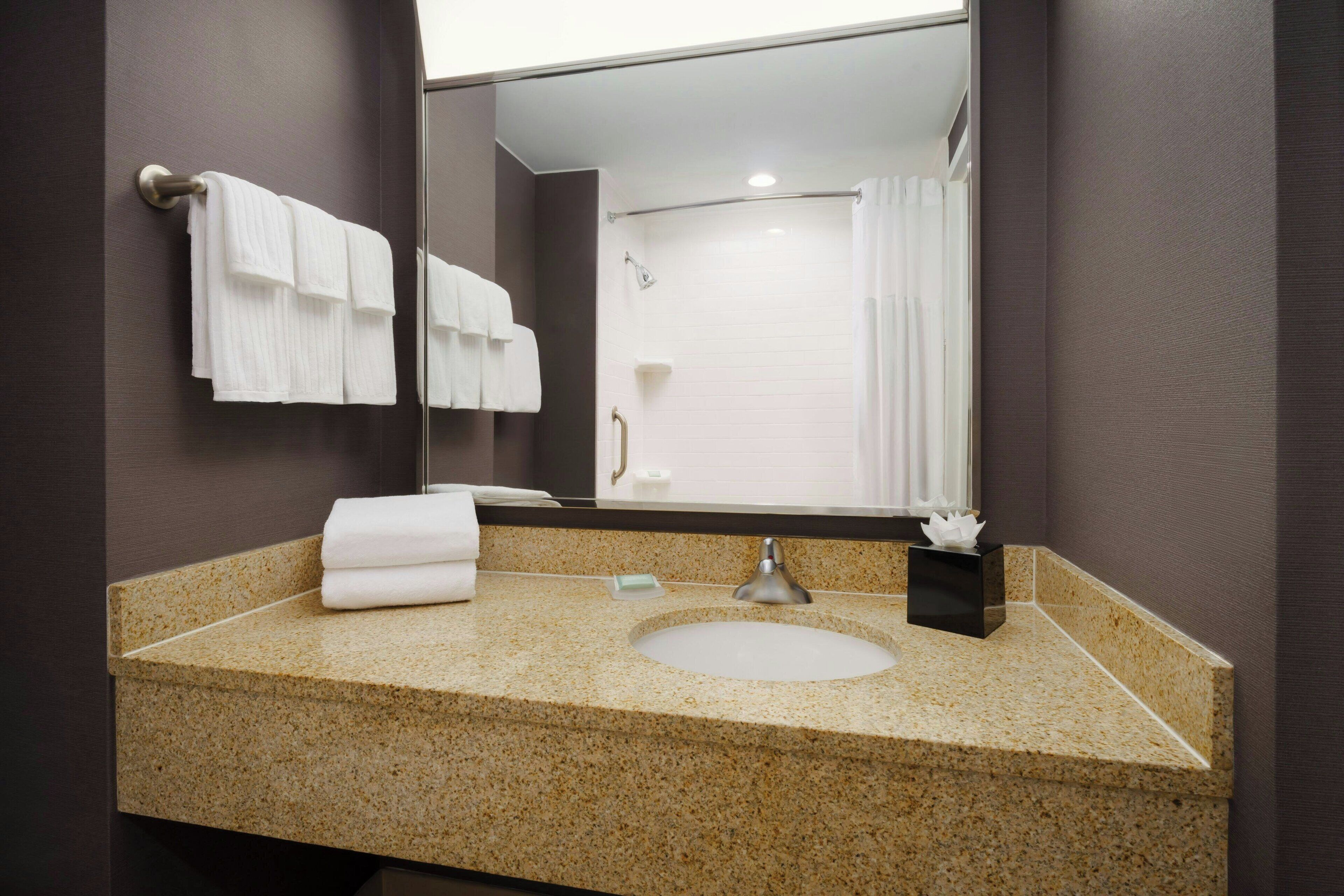 combined shower/bathtub, free toiletries, hair dryer, towels