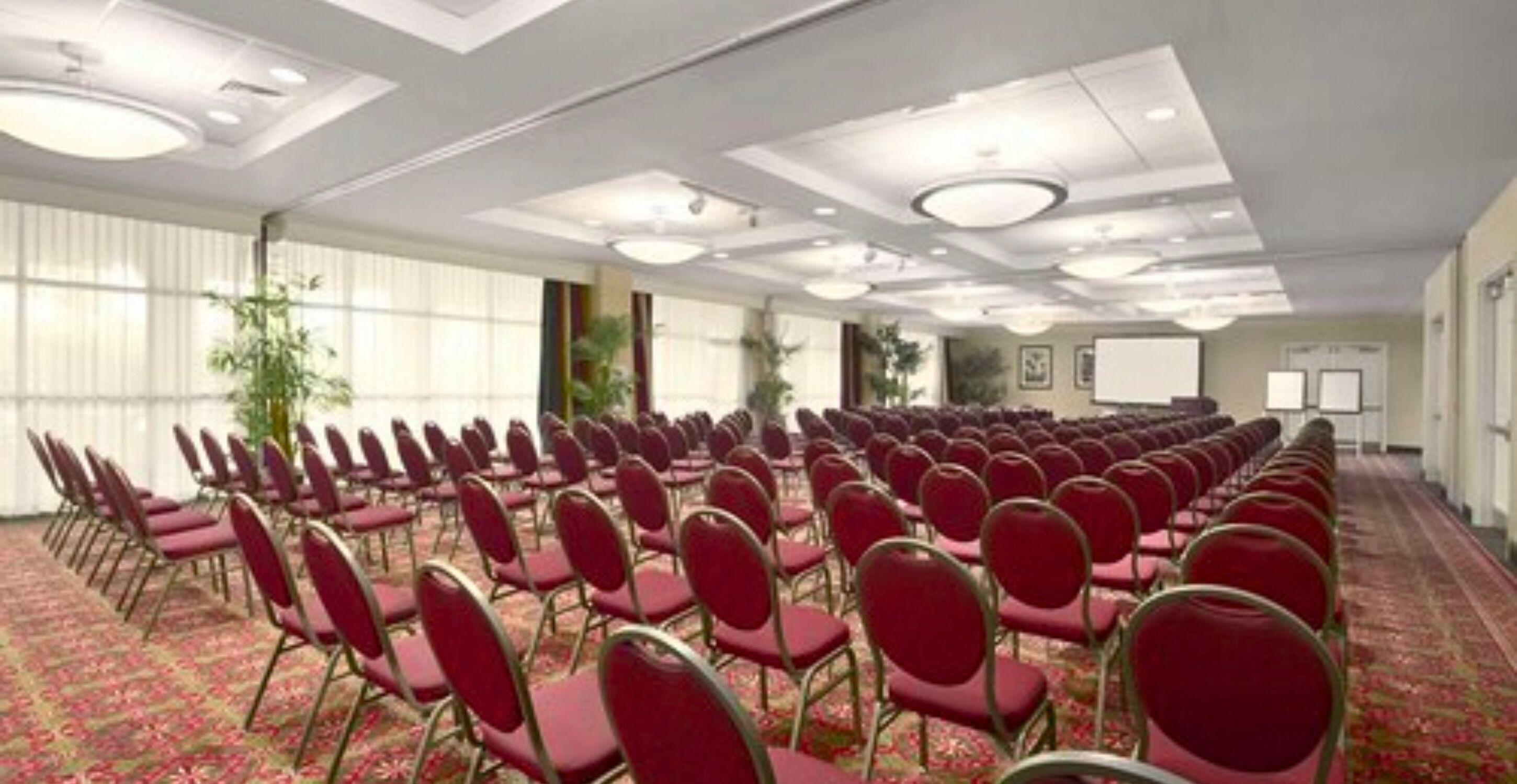 A conference room with rows of red chairs, a carpeted floor, and a white ceiling with recessed lighting.