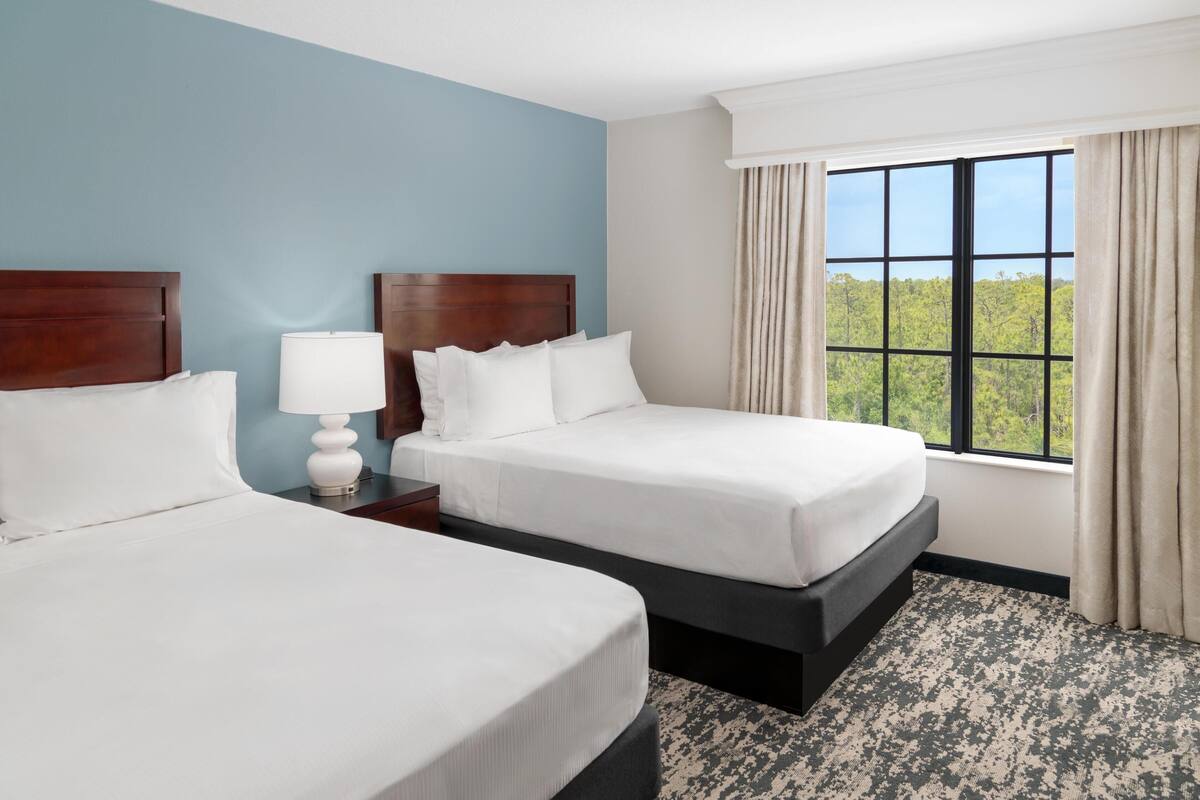 A hotel room with two beds, a nightstand with a lamp, a window with a view of greenery, and a patterned carpet.