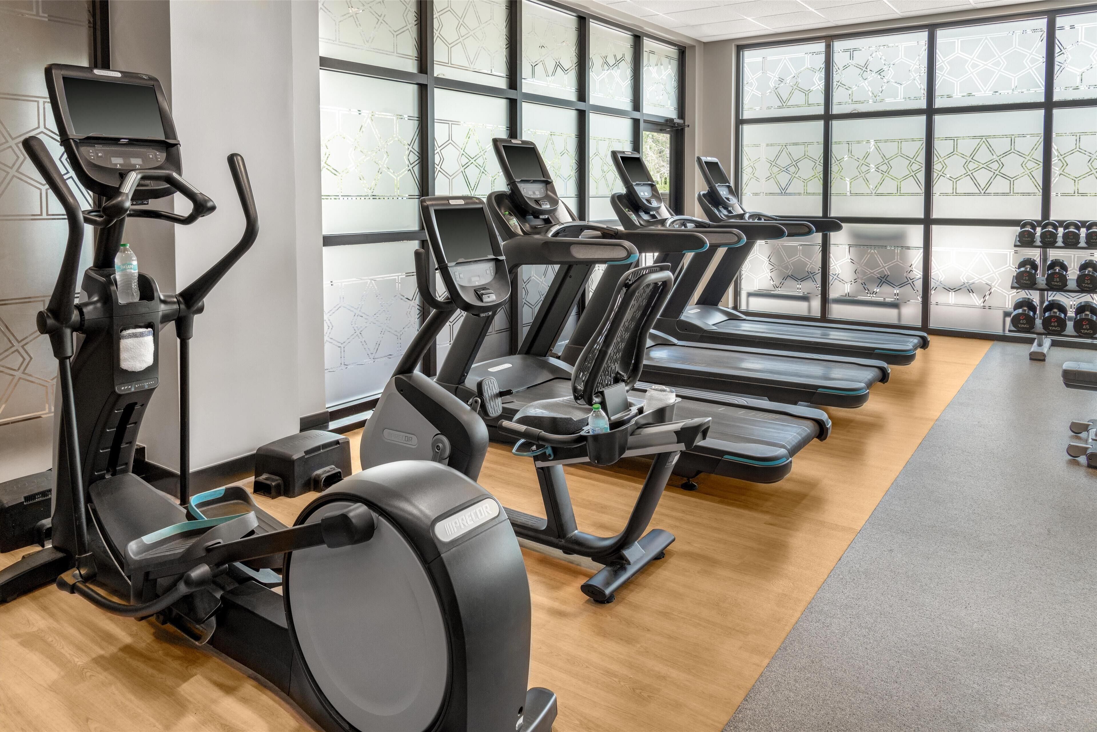 A gym with multiple treadmills, ellipticals, and a weight rack.