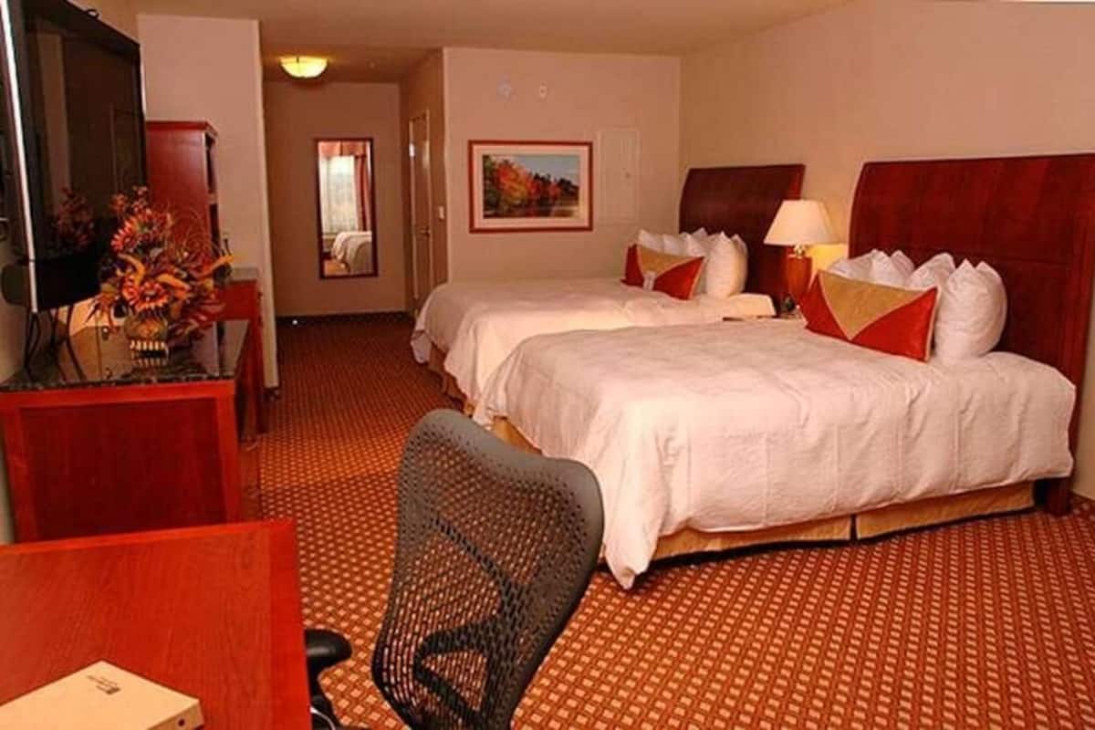 Une chambre d’hôtel avec deux lits, un bureau, une chaise, une télévision et un tableau au mur.
