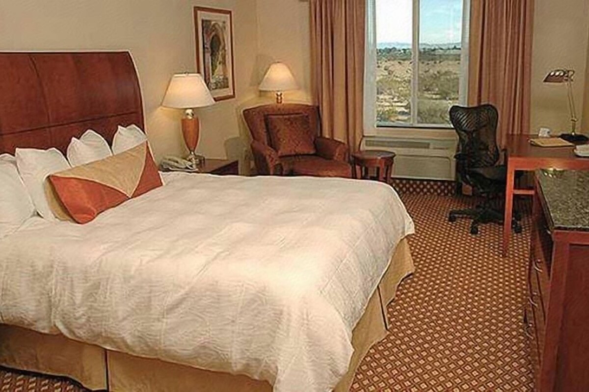 A hotel room with a large bed, two chairs, a desk, and a view of the outdoors.