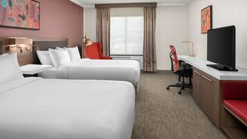 Desk, laptop workspace, blackout curtains, iron/ironing board