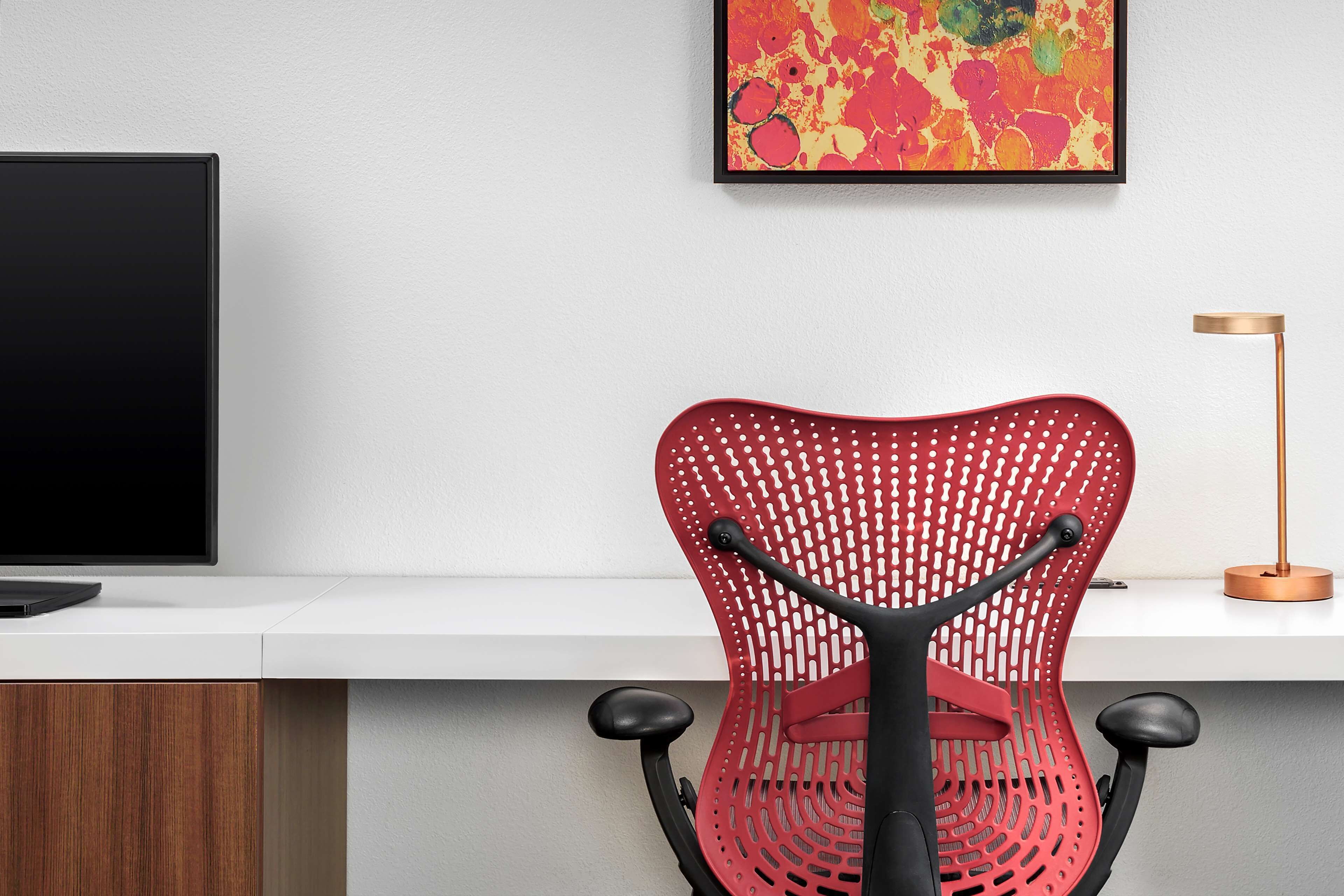 desk, laptop workspace, blackout curtains, iron/ironing board