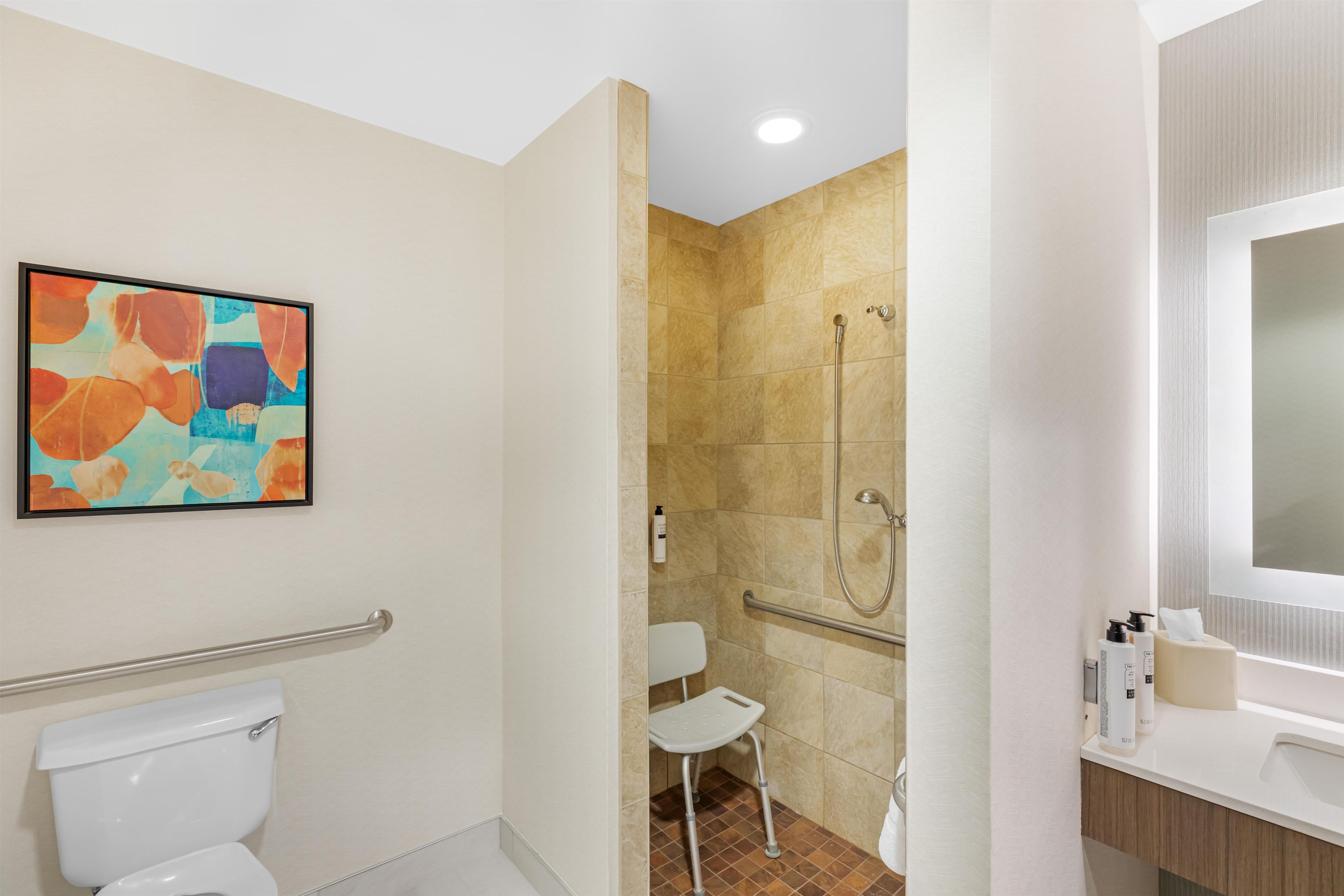 A bathroom with a toilet, a shower with a glass door, a handrail, a white chair, and a framed abstract painting on the wall.