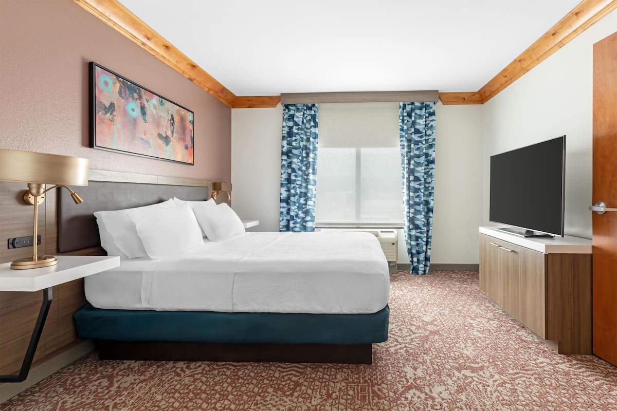 A hotel room with a bed, a TV, a desk with a lamp, a painting on the wall, and patterned curtains.