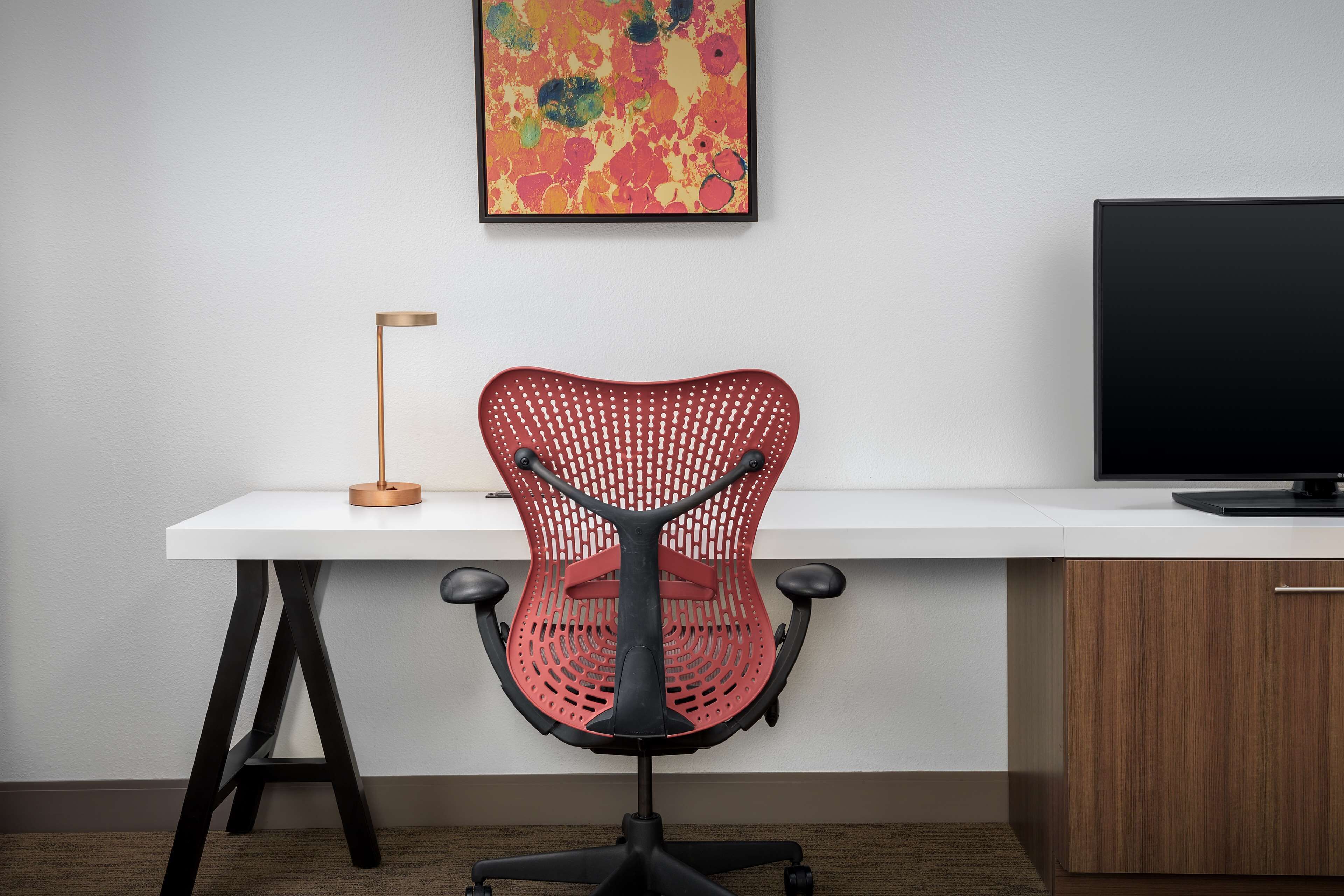 desk, laptop workspace, blackout curtains, iron/ironing board