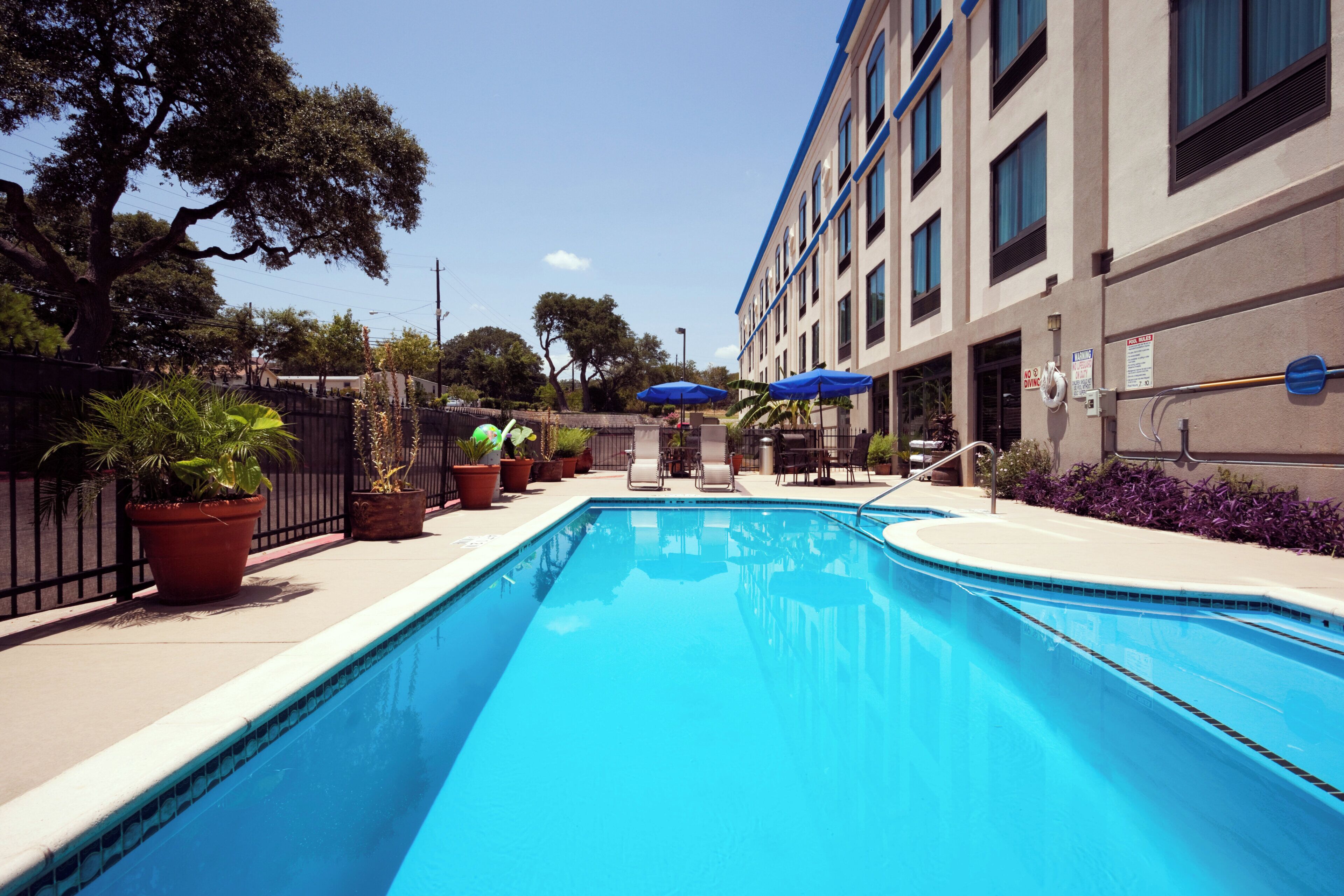 Una piscina con superficie d'acqua cristallina e blu, circondata da piante in vaso, e un edificio con molte finestre e un tendone blu.