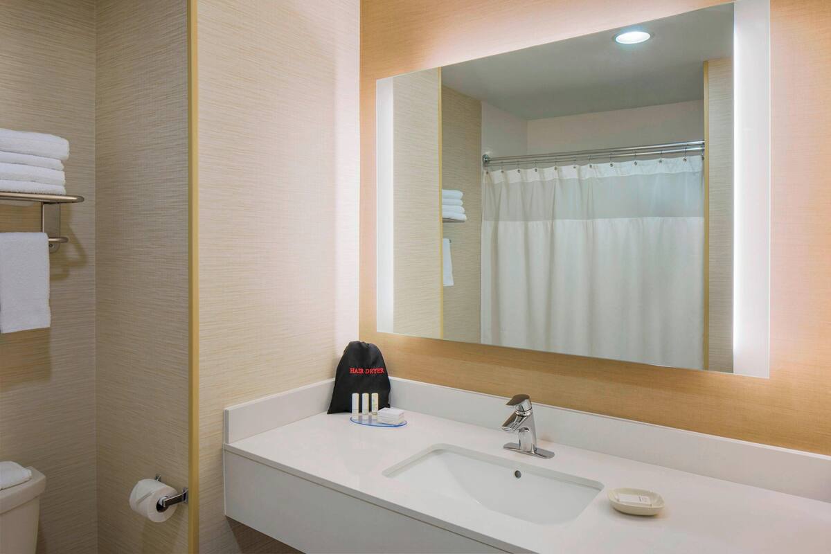 A bathroom with a white sink, a mirror, a towel rack, a shower curtain, and a hair dryer on the counter.