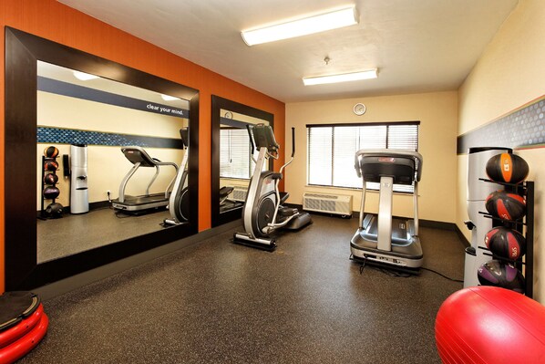 A gym with treadmills, elliptical machines, and a wall-mounted exercise ball rack.