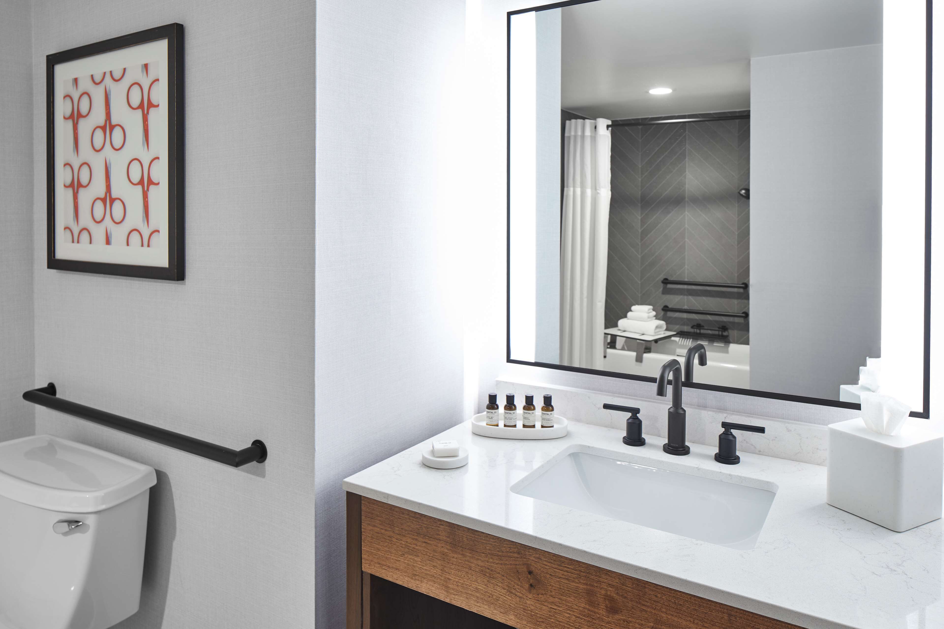 combined shower/bathtub, free toiletries, hair dryer, towels