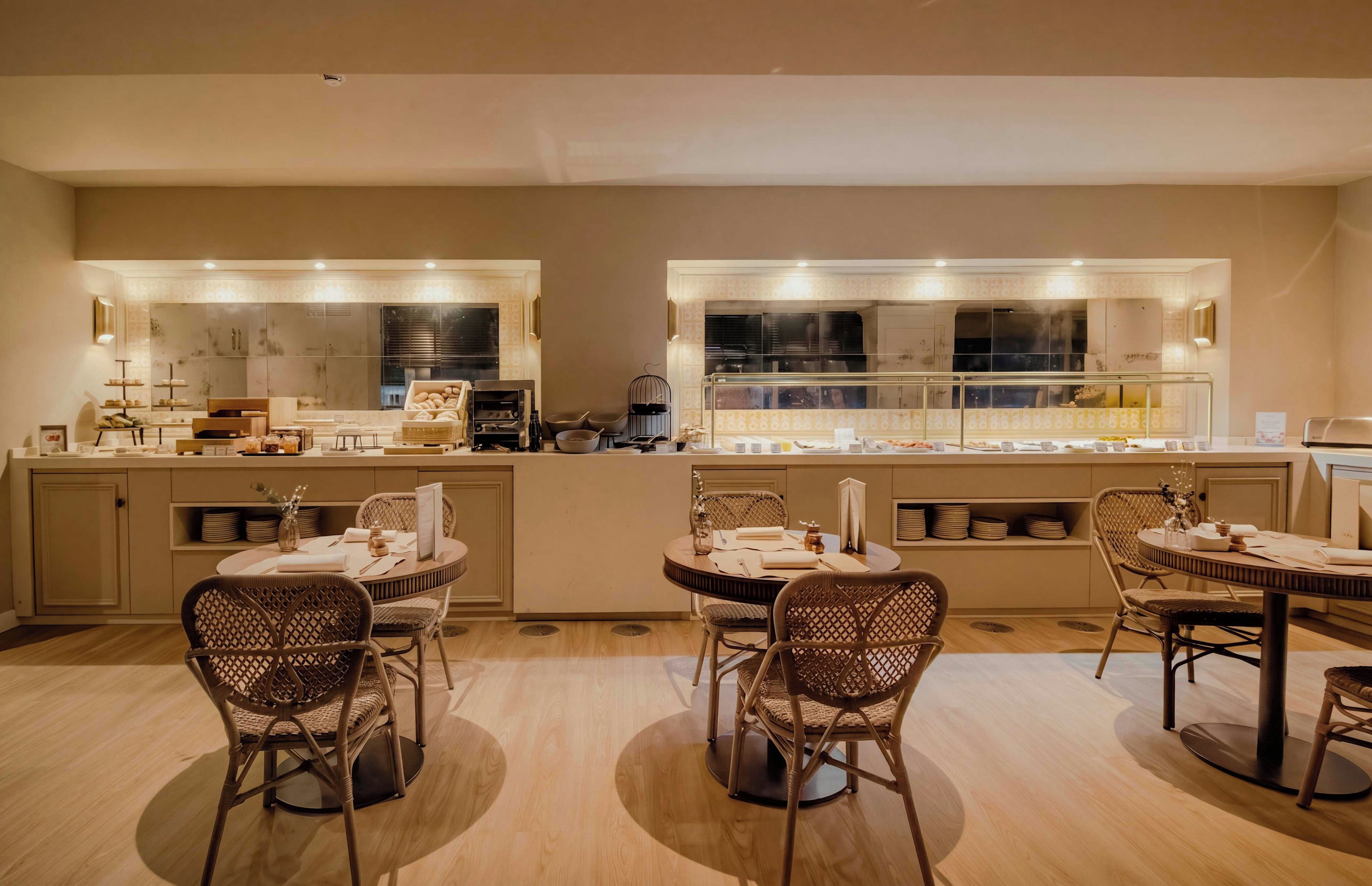 Un comedor moderno con mesas redondas y sillas de mimbre, una isla central con bufé, y un amplio ventanal con persianas.