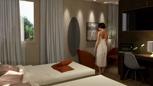 A modern hotel room with a bed, a desk, a chair, and a large window. - Hotel Falco D'Oro by Falco D'Oro Hotels (Vergato)