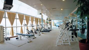 A gym with exercise equipment, large windows, and potted plants.