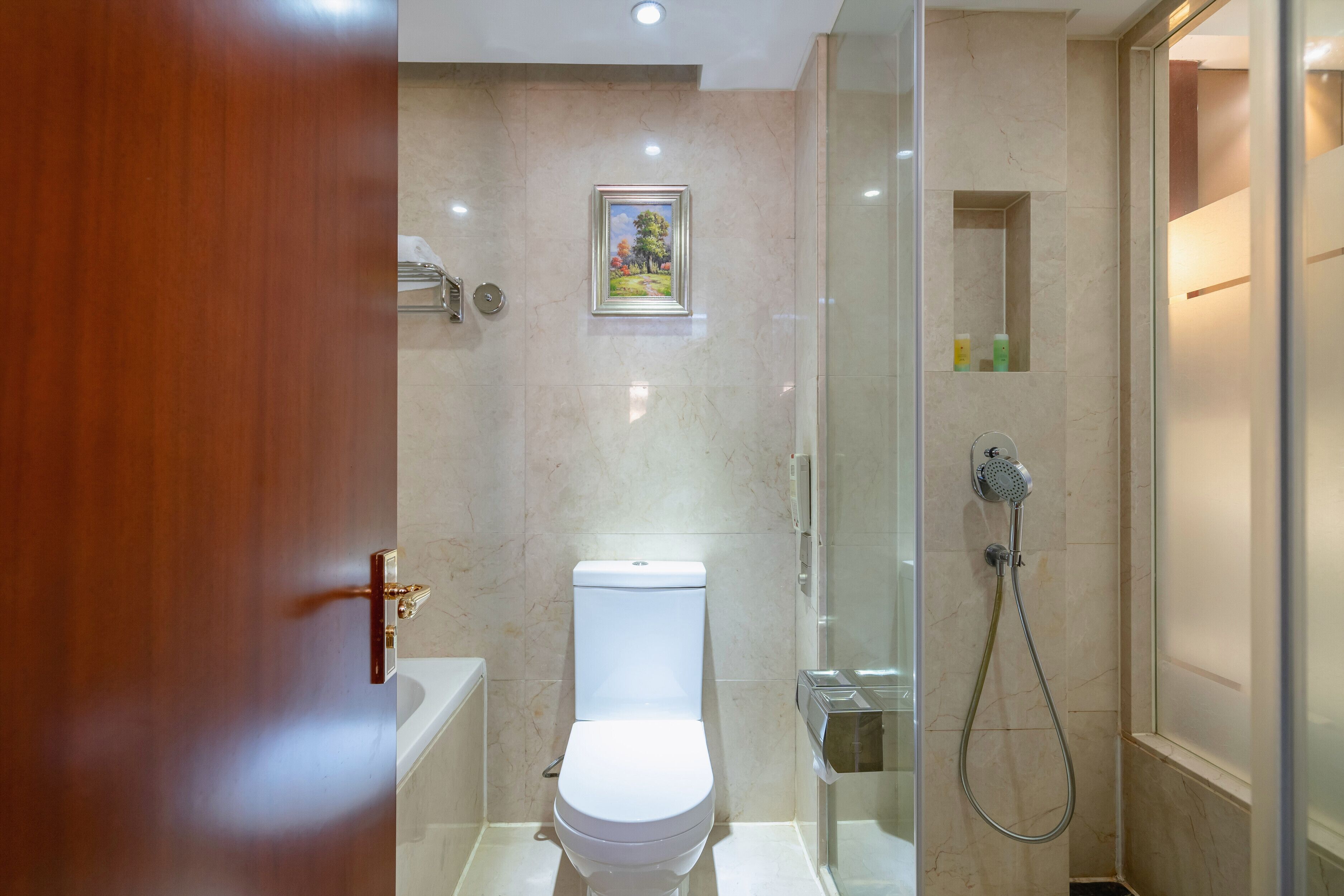 Une salle de bain moderne équipée de toilettes, d’une douche et d’un espace de douche clos par des parois de verre.