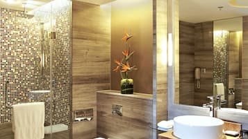 Eco-friendly toiletries, hair dryer, slippers, towels
