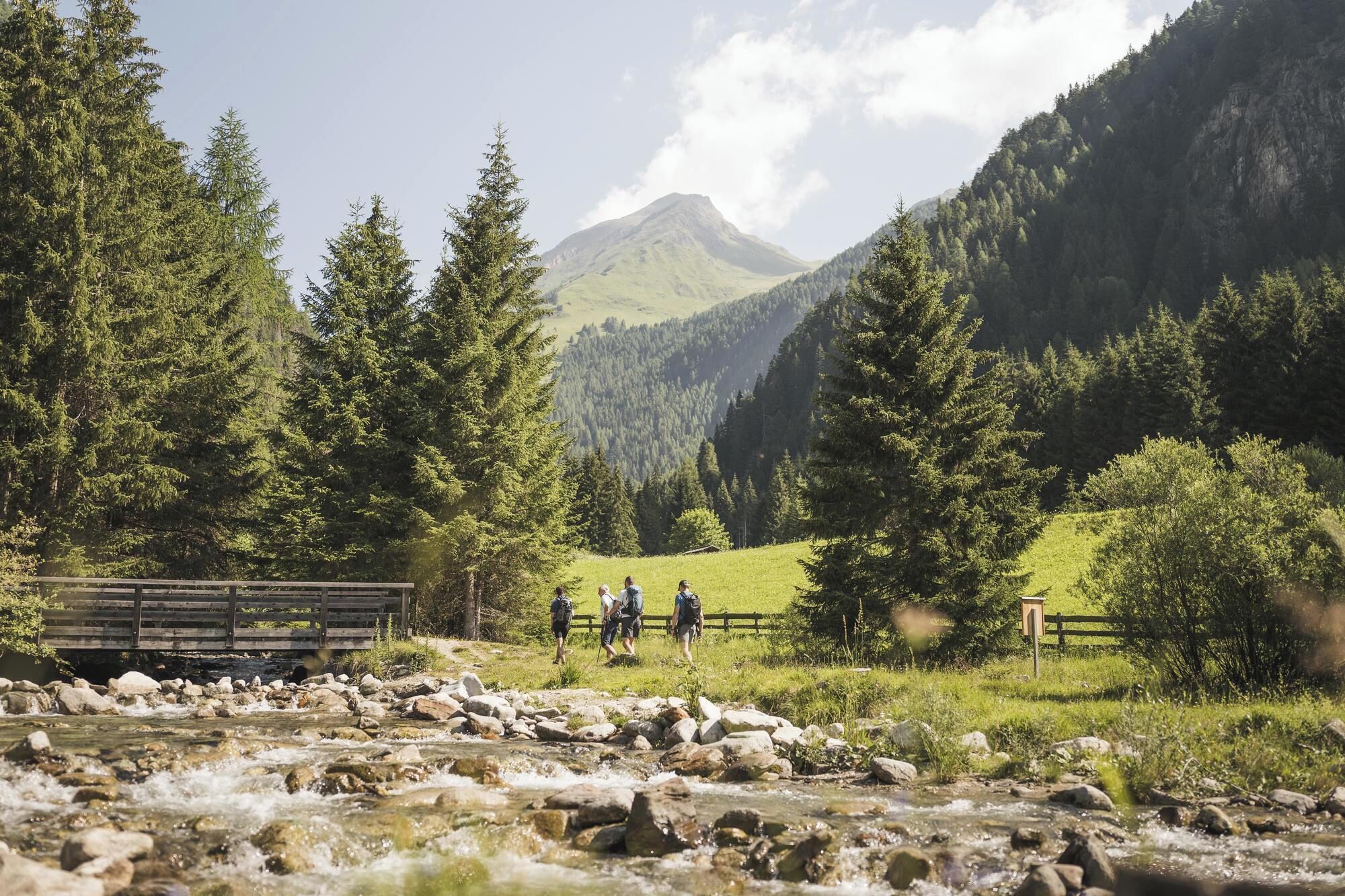 Een rivier met rotsen, een houten brug en een berg op de achtergrond.
