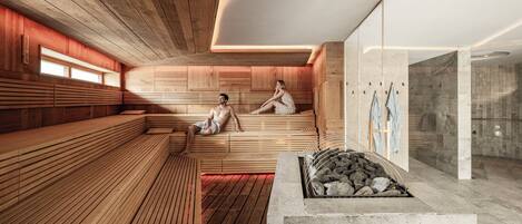 Una sauna con bancos de madera, una pileta de piedra y una partición de vidrio.