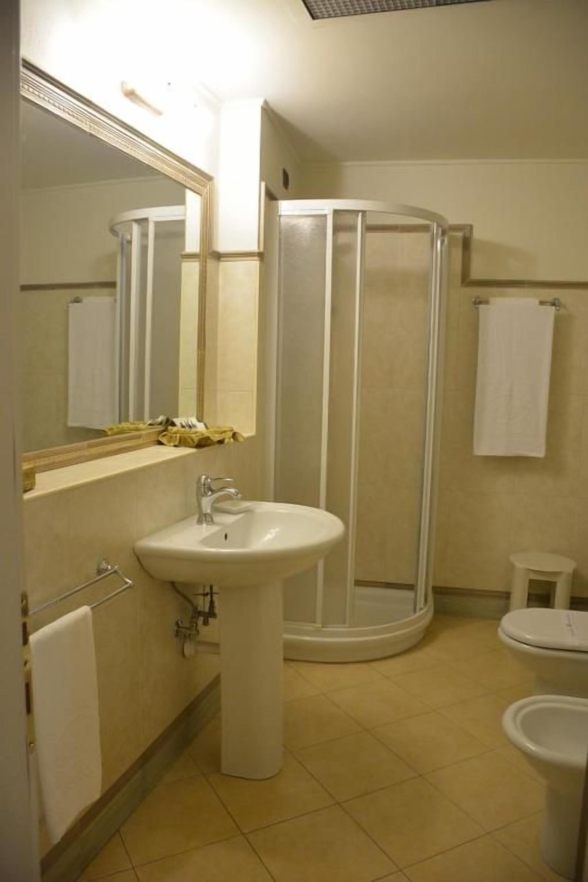 A bathroom with a sink, mirror, shower enclosure, and toilet.