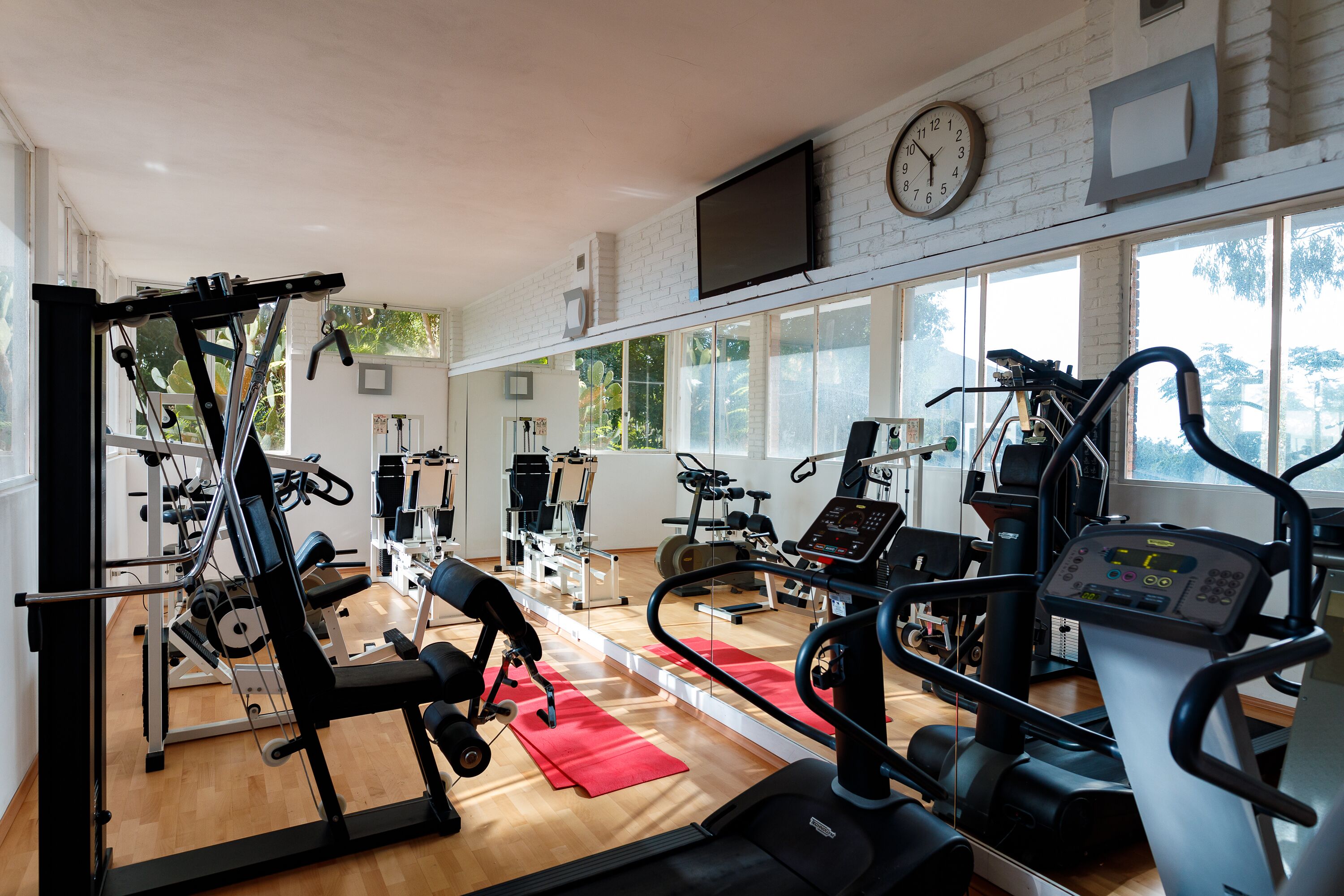 Un gimnasio con máquinas de cardio, equipo de entrenamiento de pesas y una colchoneta roja en el suelo.