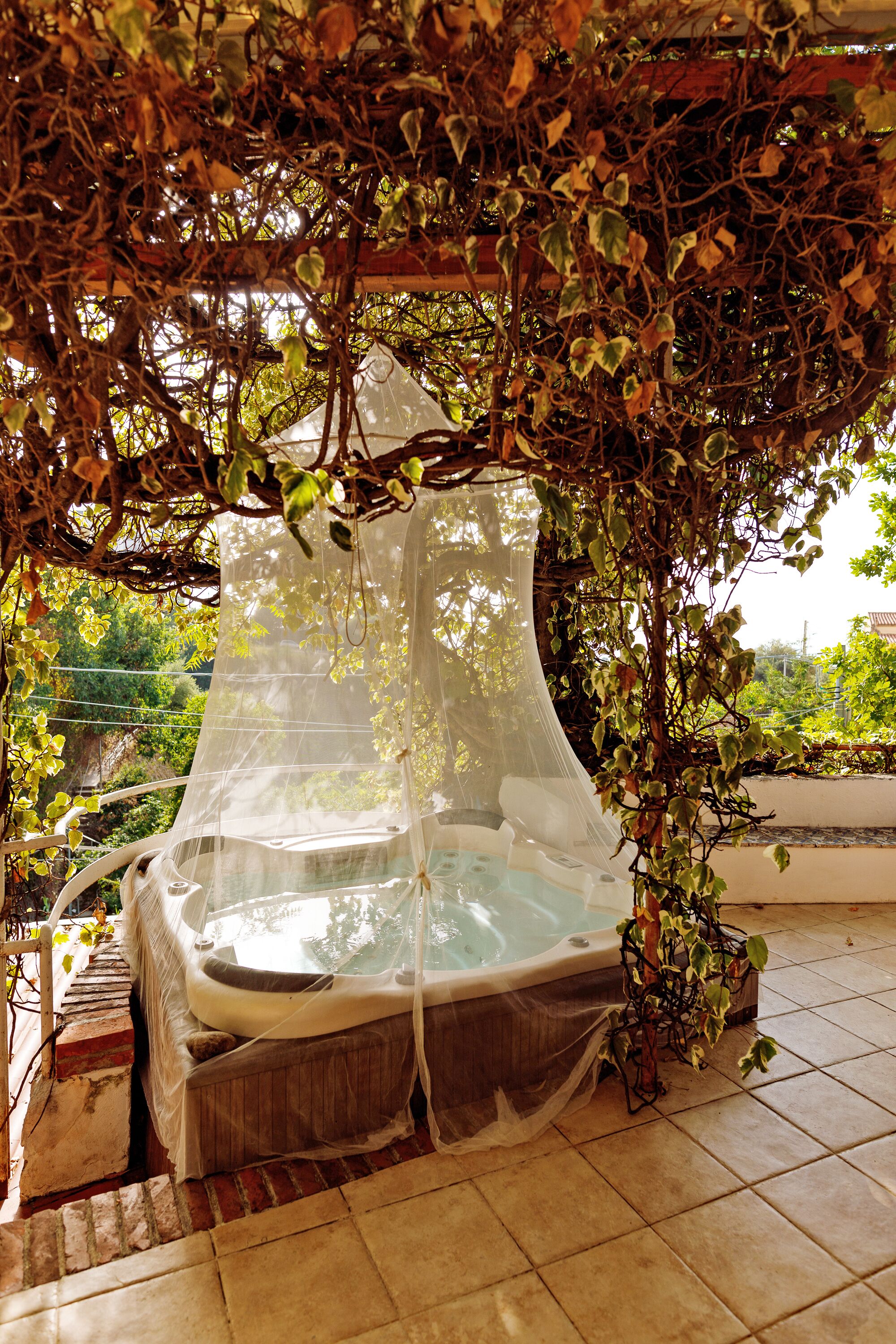 Ein Whirlpool unter einer Pergola mit Weinreben, umgeben von einer gefliesten Terrasse.