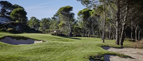 A golf course with sand bunkers, trees, and a clear sky.