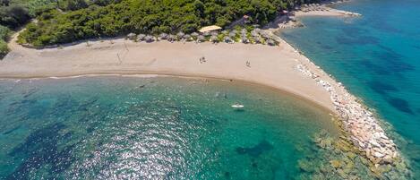Private beach, sun loungers, beach umbrellas