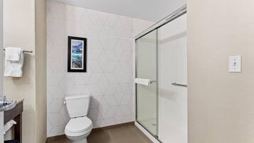 A modern bathroom with a toilet, a glass shower enclosure, and a wall-mounted picture.