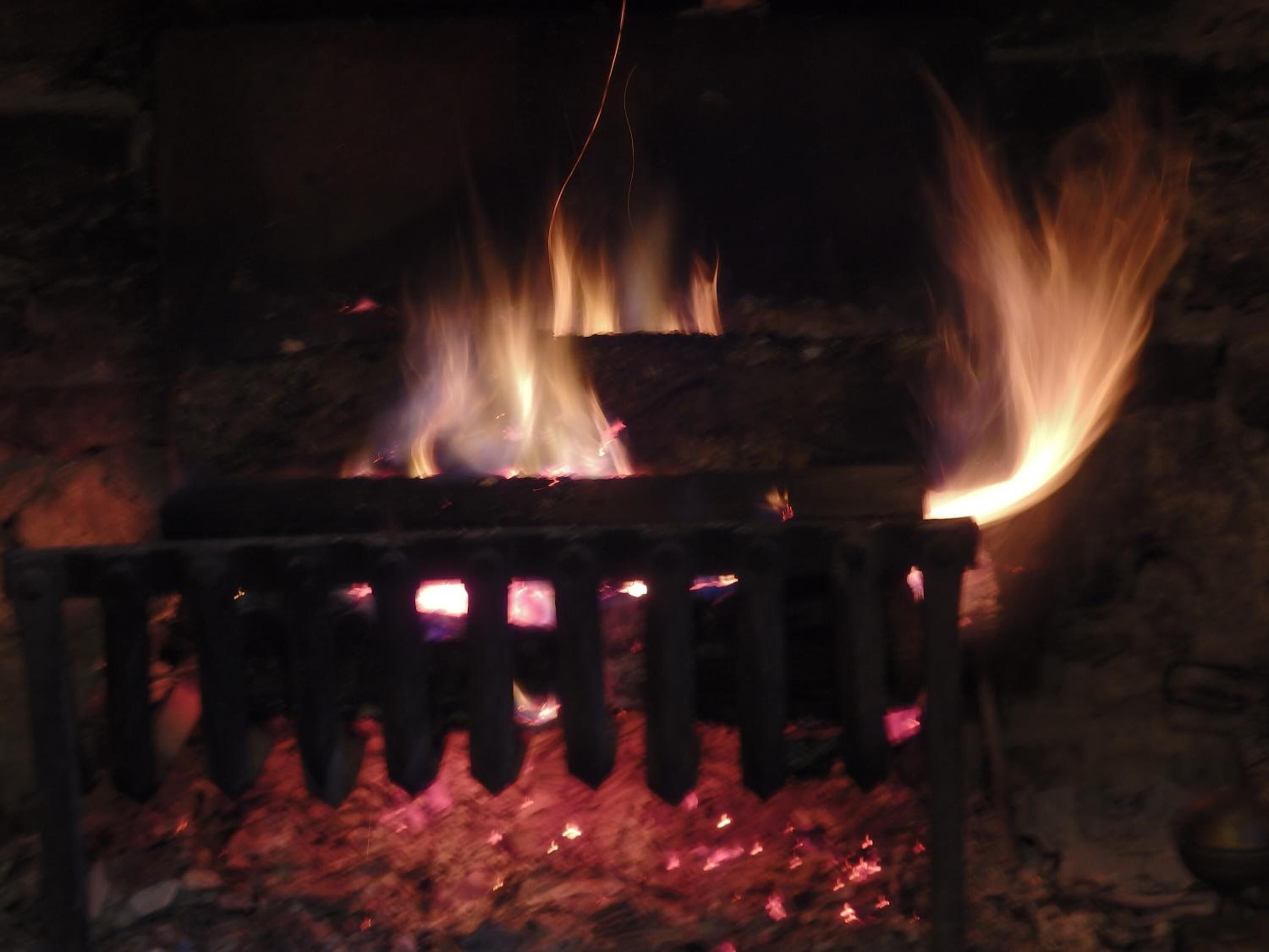Ein Kamin mit sichtbaren Flammen und Holzscheiten.