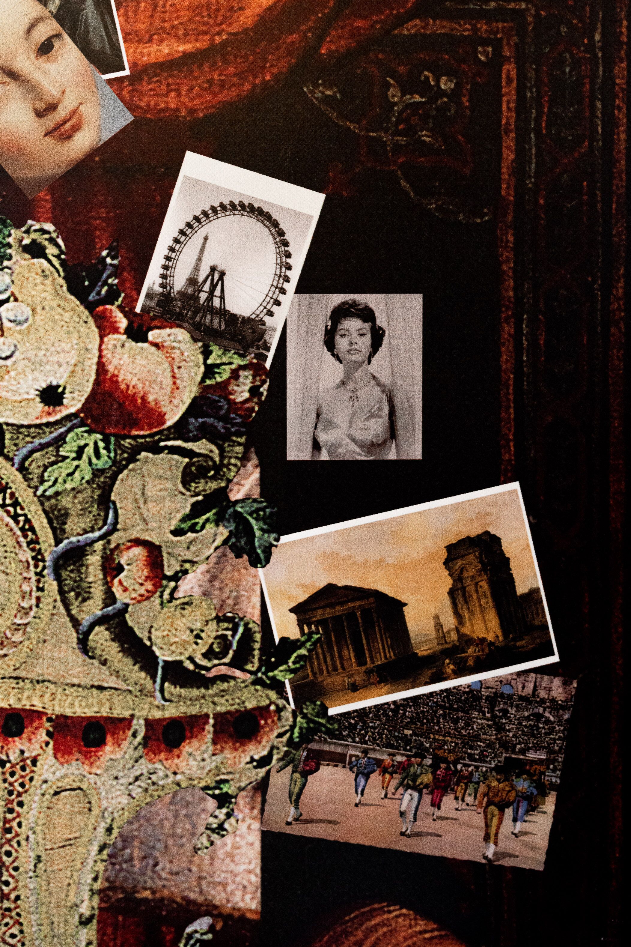 A collage of various photographs including a Ferris wheel, a historical building, and a crowd scene.