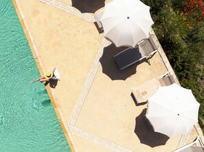 Outdoor pool, pool umbrellas, pool loungers