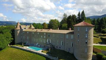 Seasonal outdoor pool, pool umbrellas, pool loungers