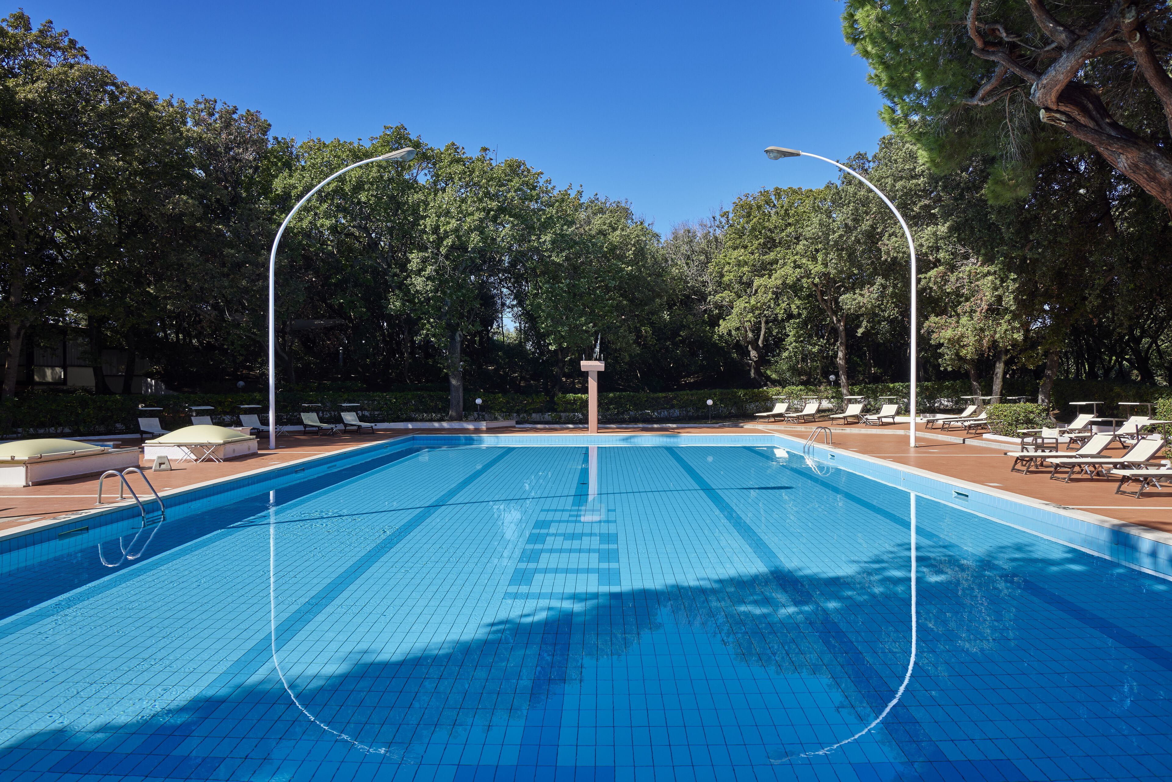 A clear blue swimming pool with a tiled deck, surrounded by lounge chairs and trees.