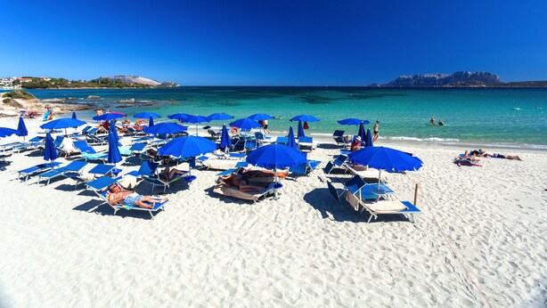 Una playa con numerosas sombrillas azules y tumbonas.